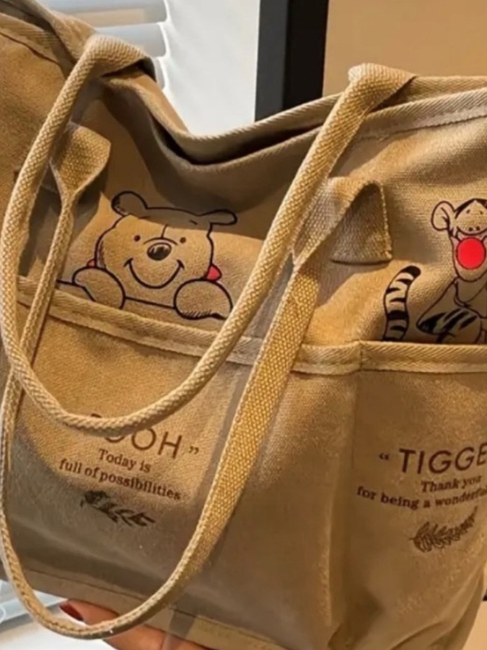 Disney Characters Winnie the Pooh and Tigger Canvas Tote Bag in Tan